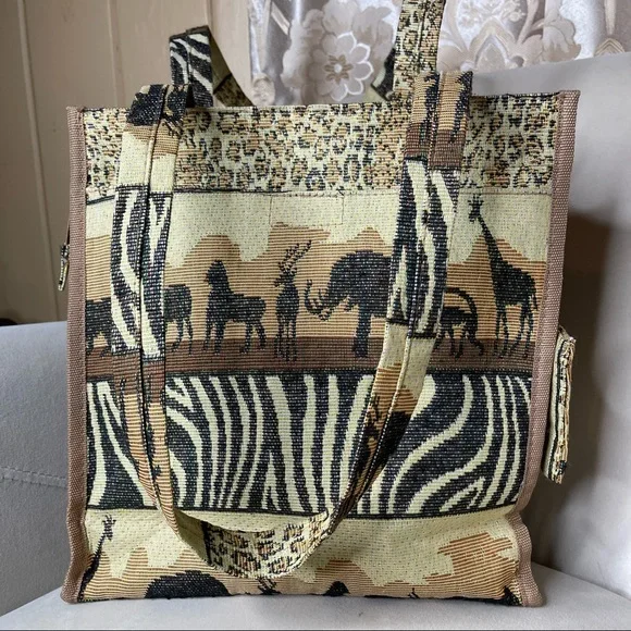Vintage African Safari Themed Tapestry Tote Bag Purse Benjamin Jordan - Picture 1 of 7